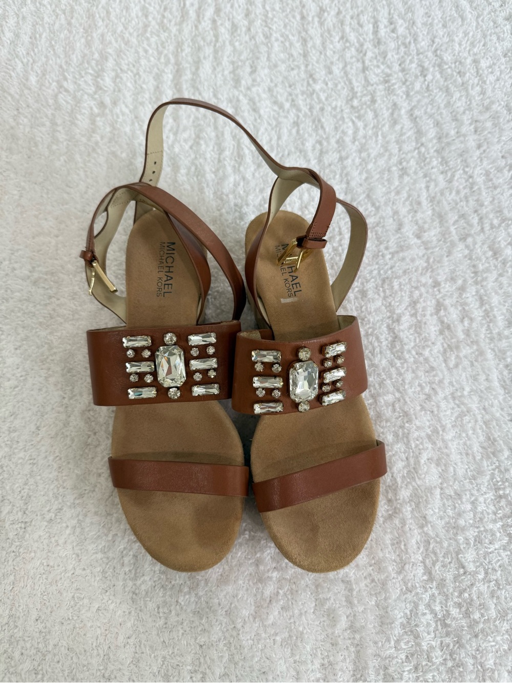 MICHAEL Michael Kors Brown Leather Jeweled Slingback Sandal Wedges